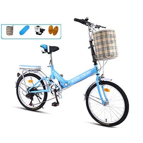 Folding Bike : LYRONG 20 Inch Folding Bike, 7 Speed Low Step-Through Steel Frame Foldable Compact Bicycle with Comfort Saddle Carrying Bag and Rack, Blue-A