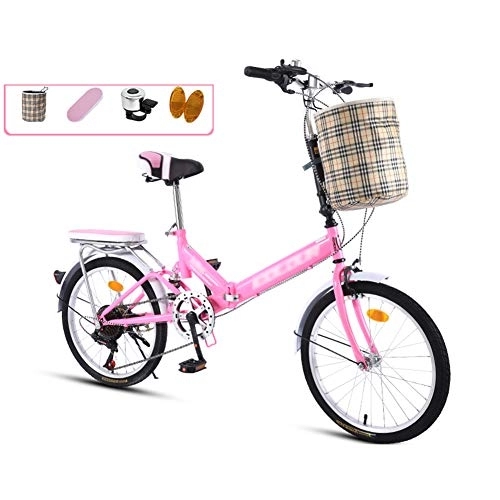 Folding Bike : LYRONG 20 Inch Folding Bike, 7 Speed Low Step-Through Steel Frame Foldable Compact Bicycle with Comfort Saddle Carrying Bag and Rack, Pink-A