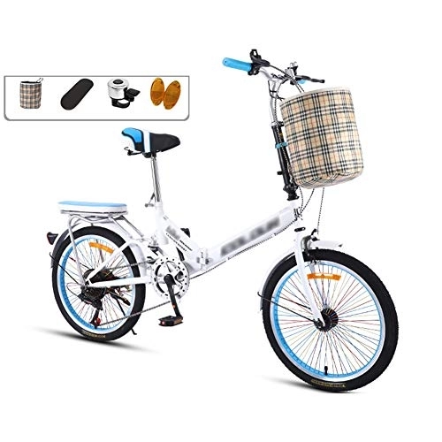 Folding Bike : LYRONG 20 Inch Folding Bike, 7 Speed Low Step-Through Steel Frame Foldable Compact Bicycle with Comfort Saddle Carrying Bag and Rack, White-B