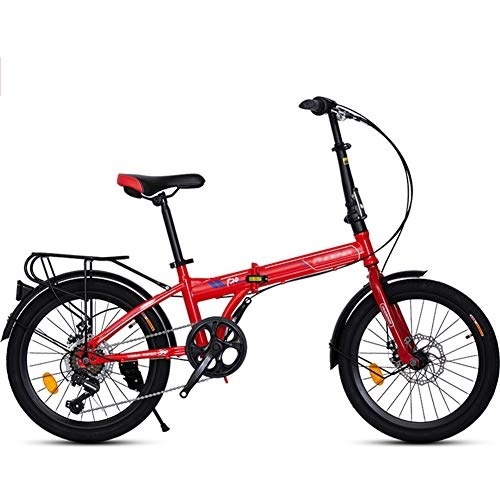 Folding Bike : LYRONG 20 Inch Folding Bike, 7 Speed Low Step-Through Steel Frame Foldable Compact Bicycle with Fenders Comfort Saddle and Rack, Red