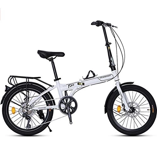Folding Bike : LYRONG 20 Inch Folding Bike, 7 Speed Low Step-Through Steel Frame Foldable Compact Bicycle with Fenders Comfort Saddle and Rack, White
