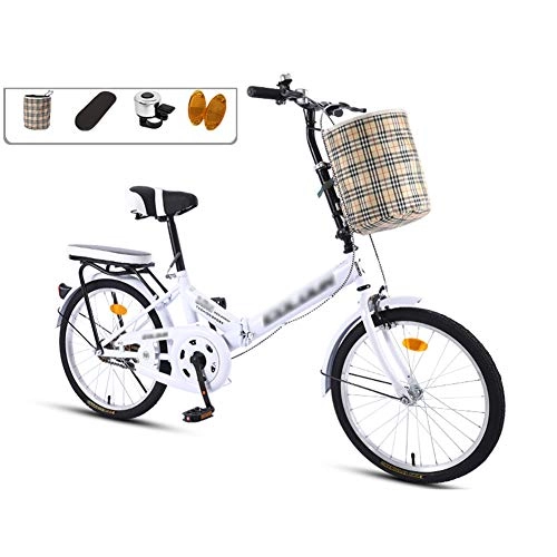 Folding Bike : LYRONG 20 Inch Folding Bike, Single Speed Low Step-Through Steel Frame Foldable Compact Bicycle with Comfort Saddle Carrying Bag and Rack, White-A