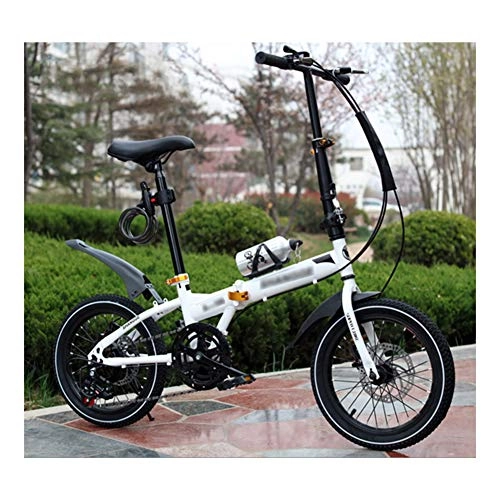Folding Bike : LYRONG 6 Speed Folding Bike, Low Step-Through Steel Frame Foldable Compact Bicycle with Rack Fenders Urban Riding and Commuting, 16 Inch-White