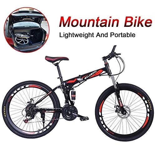 Folding Bike : LYRWISHJD 24 Speed Bicycle 26 Inch Wheels Folding Mountain Bike Full Suspension MTB Adjustable Seat High Carbon Steel Frame, Outdoor Cycling Fitness Equipment (Color : Black red, Size : 26inch)