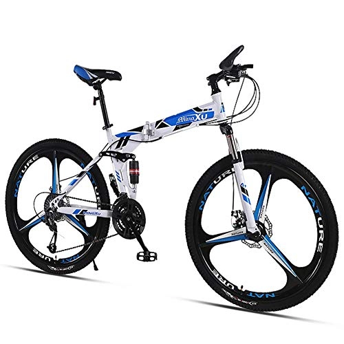 Folding Bike : LYRWISHJD 26 Inch Folding Mountain Bike For Adult, Lightweight High Carbon Steel Frame Fully Suspention Road Bikes With Suspension Fork Disc Brake (Color : White, Size : 26 inch)