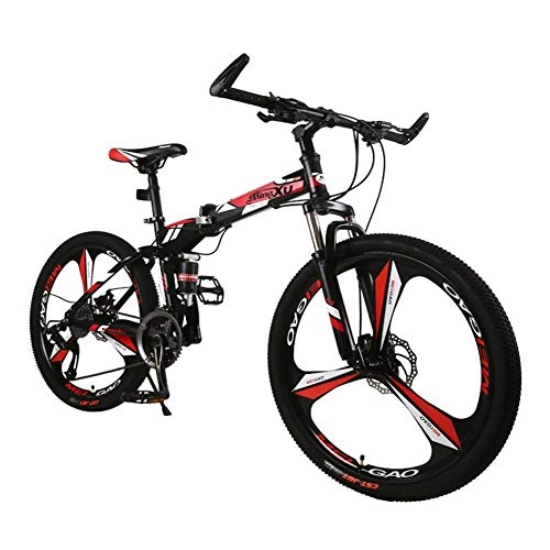 Folding Bike : LYRWISHJD 26 Inch Mountain Bike For Men Women, Folding Lightweight High-carbon Steel Full Suspension Frame Bicycle, 27-Speed, Cruiser Bike Dual Disc Brake (Color : Red, Size : 24 inch)