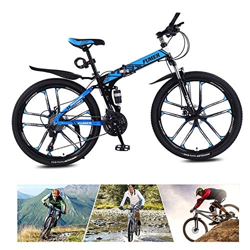 Folding Bike : LYRWISHPB 24 Speed Bicycle Full Suspension Mtb Bikes, Folding Mountain Bike, High Carbon Steel City Bicycle Dual Disc-brake For Men Women，24 / 26 Inch Wheels (Color : Black blue, Size : 24inch)