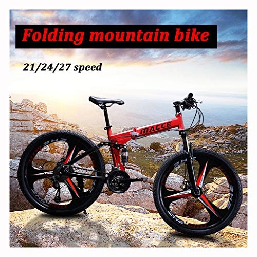 Folding Bike : LYRWISHPB Folding Mountain Bike 26 Inch, 21 / 24 / 27 Speed Disc Brake Bicycle Folding Bike For Adult Teens Unisex Student, front And Rear Mechanical Disc Brakes (Color : Red, Size : 21-speeds)