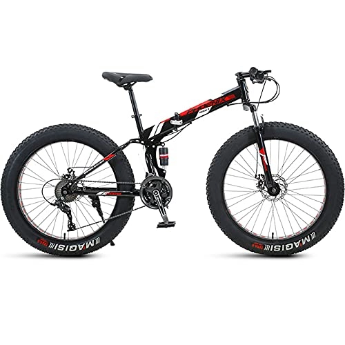 Folding Bike : LZHi1 24 Inch Full Suspension Folding Mountain Bike, 27 Speed Men Mountain Bike With Dual Disc Brakes, High Carbon Steel Frame Outdoor Beach Snow Road Bike(Color:Black red)