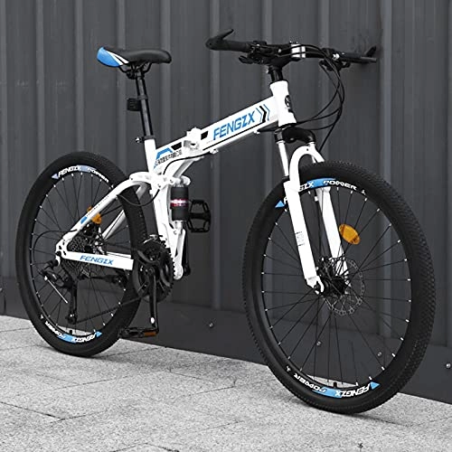 Folding Bike : LZHi1 26 Inch 30 Speed Folding Mountain Bike, Adult Mountain Trail Bicycle Commuter Bike With Dual Disc Brakes, Suspension Fork Urban Commuter City Bicycle(Color:White blue)