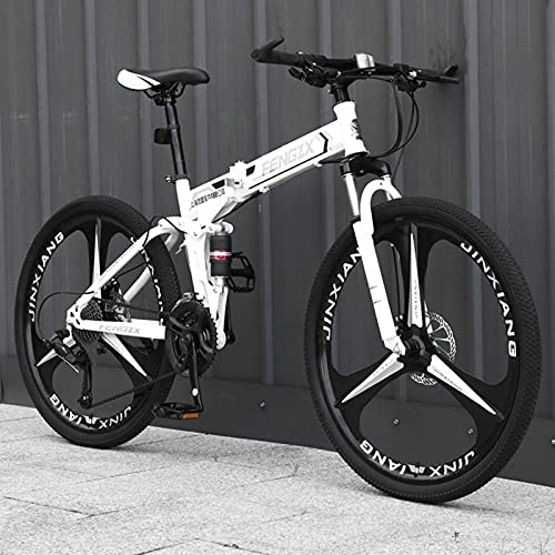 Folding Bike : LZHi1 26 Inch Adult Men Mountain Bike With Full Suspension, 30 Speed Foldable Dual Disc Brake Mountan Bicycle, Urban Commuter City Bicycle With Adjustable Seat(Color:White black)