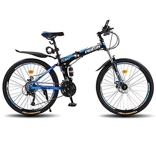 Folding Bike : LZHi1 26 Inch Adult Mountain Bike For Men & Women, 27 Speed Cycling Sports Mountain Bike With Full Suspension Disc Brake, Foldable Urban Commuter City Bicycle(Color:Black blue)