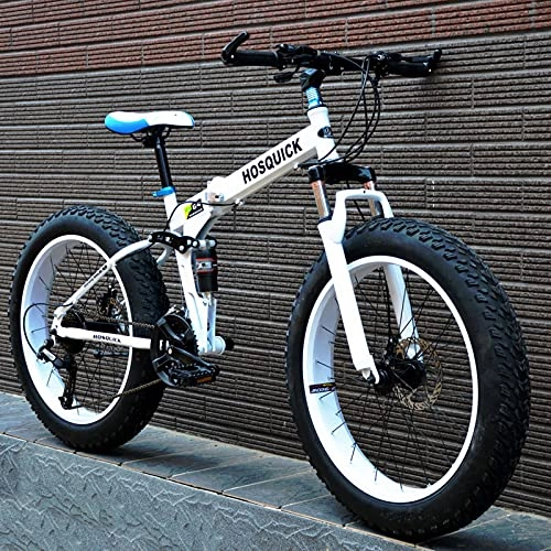 Folding Bike : LZHi1 26 Inch Fat Tire Mountain Bikes With Full Suspension, Foldable 27 Speed Adult Mountain Bikes With Dual Disc Brakes, High Carbon Steel Frame Beach Snow Road Bike(Color:White)
