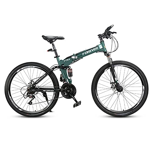 Folding Bike : LZHi1 26 Inch Foldable Dual Suspension Mountain Bike, 24 Speed Double Disc Brake Mountain Trail Bikes, Carbon Steel Frame Outroad Mountain Bicycle With Adjustable Seat(Color:Green)