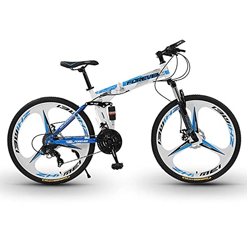 Folding Bike : LZHi1 26 Inch Foldable Dual Suspension Mountain Bike, 30 Speed Mountain Trail Bicycles With Double Disc Brake, Carbon Steel Frame Urban Commuter City Bicycle With Adjustable Seat(Color:White blue)