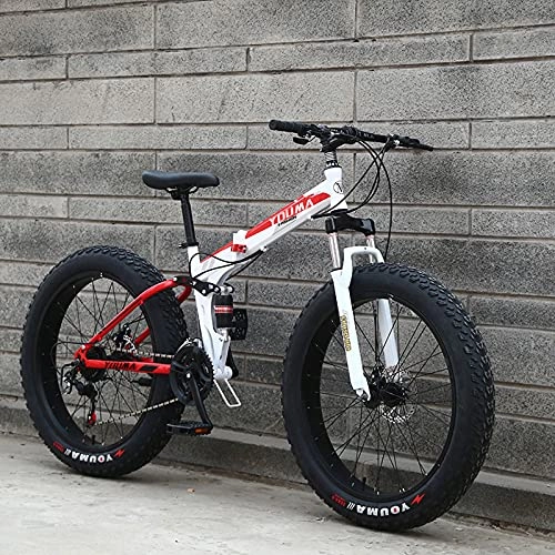 Folding Bike : LZHi1 26 Inch Folding Fat Tire Mountain Bikes, 27 Speed Men Mouantain Trail Bicycle With Full Suspension, High Carbon Steel Frame Aldult Beach Snow Mouantain Bike With Dual Disc Brakes(Color:White red)