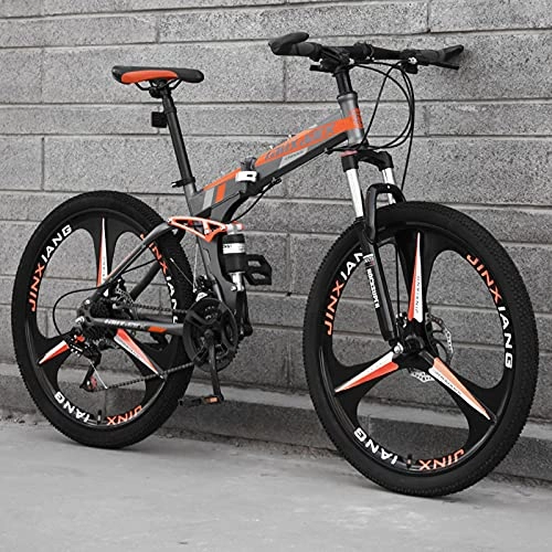 Folding Bike : LZHi1 26 Inch Folding Mountain Bike For Men And Women, 30 Speed Dual-Suspension Adult Mountain Trail Bikes, Carbon Steel Frame City Road Bikes With Dual Disc Brakes And Adjustable Seat(Color:Orange)