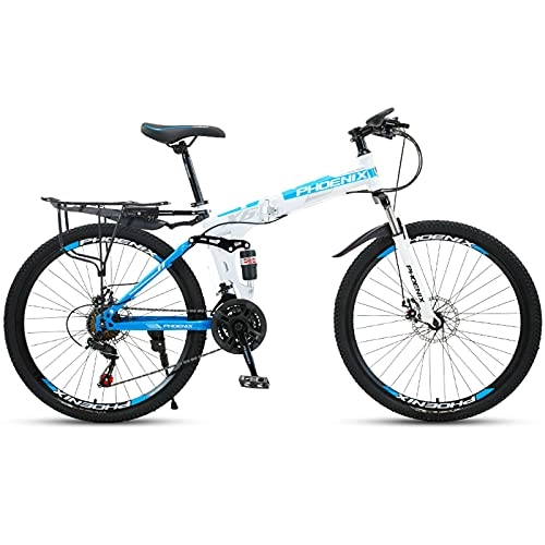 Folding Bike : LZHi1 26 Inch Folding Mountain Bike For Women And Men, 27 Speed Full Suspension Disc Brake Mountain Trail Bicycle, High Carbon Steel Frame Outdoor Bike Commuter Bicycle(Color:White blue)