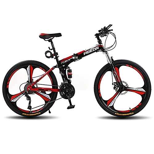 Folding Bike : LZHi1 26 Inch Folding Mountain Bike With Full Suspension, 30 Speed Mountain Trail Bicycle With Dual Disc Brakes, Road Bike Urban Street Adult Bicycle With Adjustable Seat(Color:Black red)