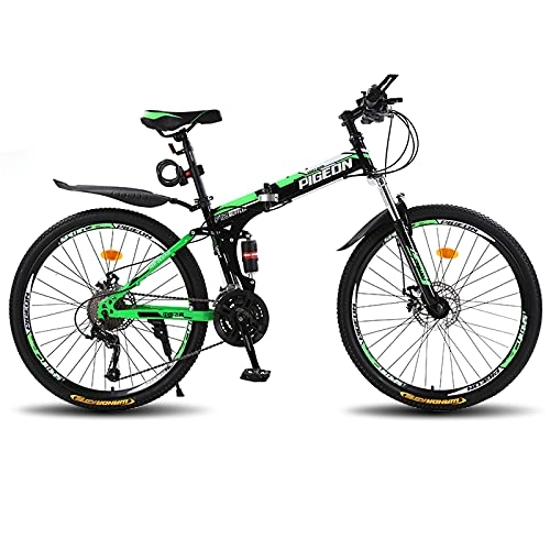 Folding Bike : LZHi1 26 Inch Full Suspension Mountain Bike 27 Speed Dual Disc Brake Mountan Bicycle High Carbon Steel Foldable City Commuter Road Bike For Women And Men(Color:Black green)