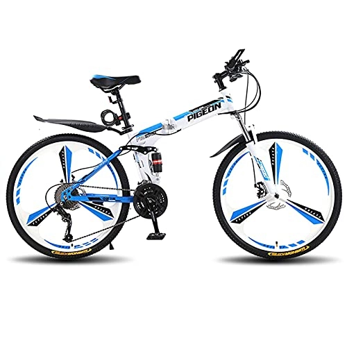 Folding Bike : LZHi1 26 Inch Men Mountain Bike Commuter Bike, 30 Speed Mountain Trail Bicycle With Full Suspension Disc Brakes, Foldable High Carbon Steel Frame Road Bike Urban Street Bicycle(Color:White blue)