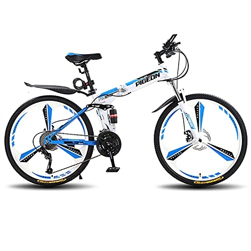 Folding Bike : LZHi1 26 Inch Men Mountain Bike Commuter Bike, 30 Speed Mountan Bicycle With Full Suspension Disc Brake, Foldable City Road Bike With Adjustable Seat(Color:White blue)