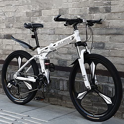 Folding Bike : LZHi1 26 Inch Mountain Bike With Full Suspension, 27 Speed Outroad Mountain Bicycle With Dual Disc Brakes, Foldable Outdoor Bikes City Commuter Bike With Adjustable Seat(Color:White grey)