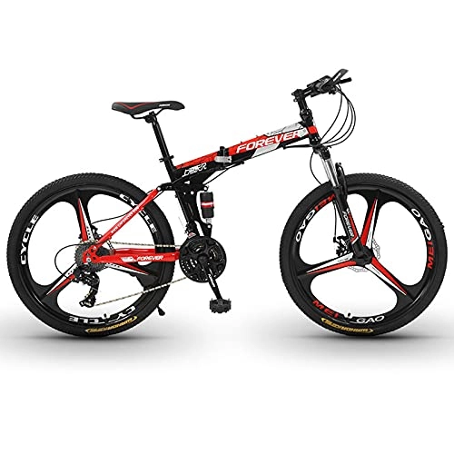 Folding Bike : LZHi1 Foldable Adult Mountain Bike 26 Inch Wheels, 30 Speed High Carbon Steel Frame Full Suspension Trail Bikes, Outroad Mountain Bicycle With Double Disc Brake(Color:Black red)