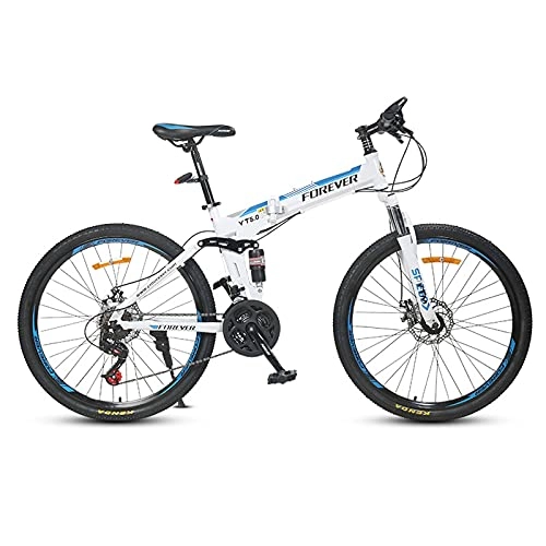 Folding Bike : LZHi1 Foldable Adult Mountain Bike With Dual Suspension, 26 Inch 24 Speed Mountain Trail Bike, Carbon Steel Frame Double Disc Brake Outroad Mountain Bicycle For Women And Men(Color:White blue)