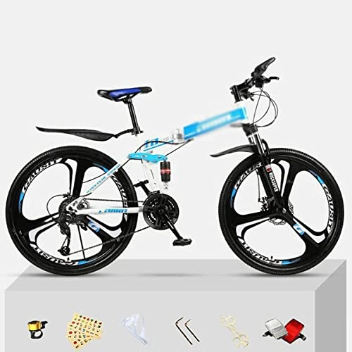 Folding Bike : LZZB Folding Mountain Bike 26-Inch Wheel 21 / 24 / 27 Speed Double Disc Brake Bicycle Lockable Suspension Fork MTB Bike for Adult or Teens(Size:24 Speed, Color:Yello) / Blue / 21 Speed
