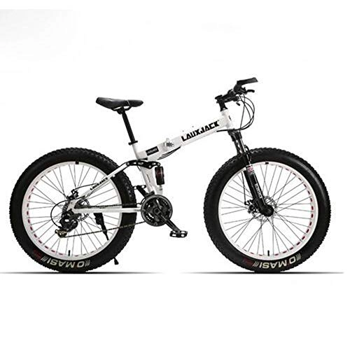 Folding Bike : MEICHEN Mountain Fat Bike Full Suspension Steel Foldable Frame 24 Speed Mechanic Brake 26" x4.0 Wheel, White