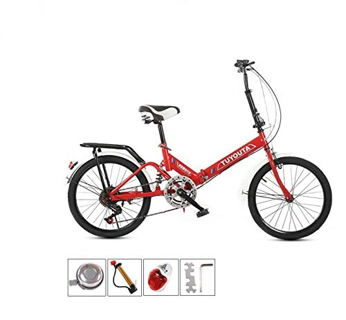 Folding Bike : Men and women 20-inch student folding bike Lightweight mini student bicycle Black folding without shock absorption Comfortable seat-Red + shock absorption
