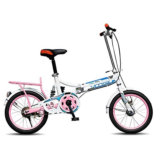 Folding Bike : Men and women folding shifting shock absorber bicycle 16 inch light mini student bicycle white blue 6 speed 20 inch-Powder white + single speed_16 inch