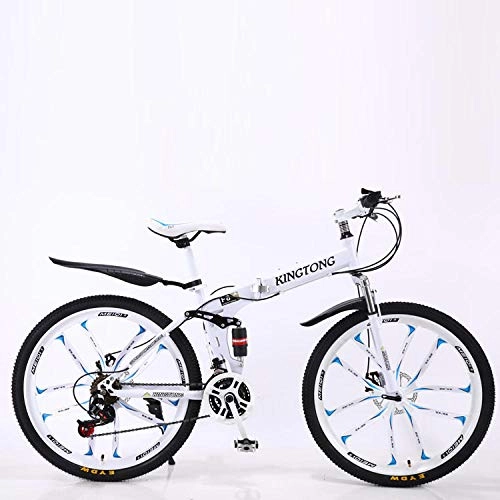 Folding Bike : Men'S High Carbon Steel Highway Bike, Adult Folding Mountain Bikes, Double Disc Brake, Suitable For Sports And Bicycle Enthusiasts-21 Speed White Ten Knife Wheel_24 Inches