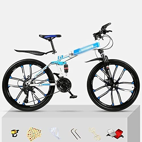 Folding Bike : MENG 26" All-Terrain Mountain Bike Folding Carbon Steel Frame 21 / 24 / 27-Speed Double Disc Brake Bicycle Hydraulic Shock Absorption Bike for Adult or Teens(Size:24 Speed, Color:White) / Blue / 27 Speed