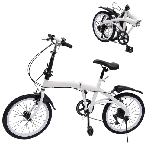 Folding Bike : Mgorgeous 20 Inch Folding Bicycle 7 Speed Adult Foldable Bikes Lightweight City Bike 95-112cm Height Adjustable White Bicycle with Double V Brake for Adult