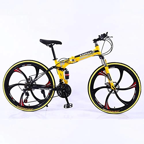 Folding Bike : MHUI Folding Bike 24 Speed Mountain Bike 24 Inches Spoke Wheels MTB Dual Suspension Bicycle Yellow, D