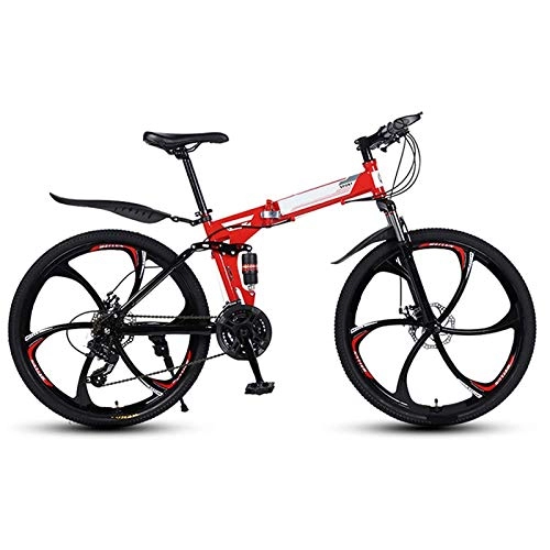 Folding Bike : min min 26" Foldable Adult Mountain Bike, Full Suspension Mountain Bike, 21-Speed Disc Brake Folding Bicycle Bike, Student Road City Bike (Color : Red)