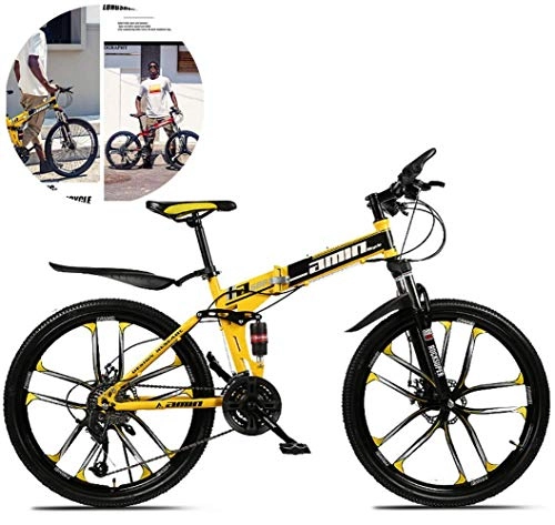 Folding Bike : min min Foldable Men And Women Folding Bike, Mountain Bicycle, High Carbon Steel Frame, Road Bicycle Racing, Wheeled Road Bicycle Double Disc Brake Bicycles (Color : Yellow)