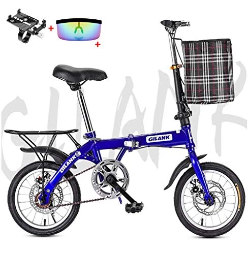 Folding Bike : Mini Folding Bike, 14inch / 16inch / 20inch Lightweight Double Disc Brake Adult Bicycle Carbon Steel Sock Absorption Mountain Bike for Men Women, Blue, 20inch