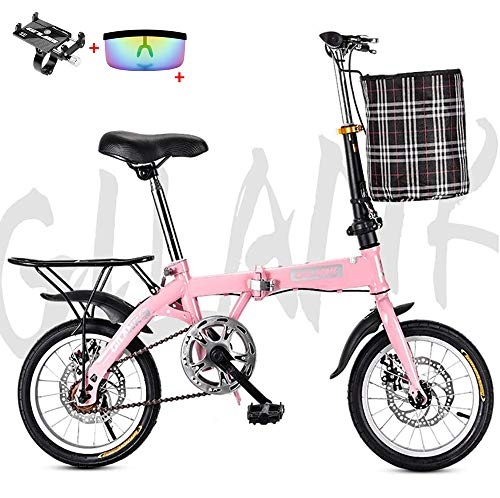 Folding Bike : Mini Folding Bike, 14inch / 16inch / 20inch Lightweight Double Disc Brake Adult Bicycle Carbon Steel Sock Absorption Mountain Bike for Men Women, Pink, 16inch