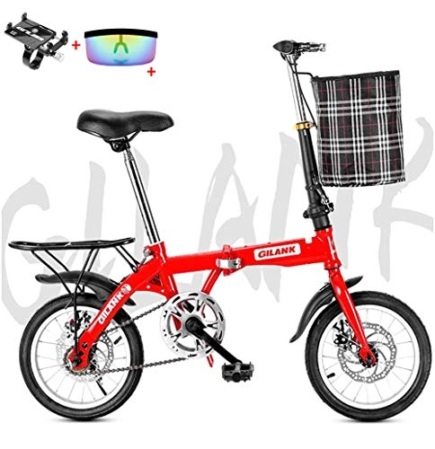 Folding Bike : Mini Folding Bike, 14inch / 16inch / 20inch Lightweight Double Disc Brake Adult Bicycle Carbon Steel Sock Absorption Mountain Bike for Men Women, Red, 14inch