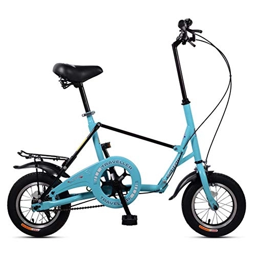 Folding Bike : Mini Folding Bikes, 12 Inch Single Speed Super Compact Foldable Bicycle, High-carbon Steel Light Weight Folding Bike with Rear Carry Rack, Blue