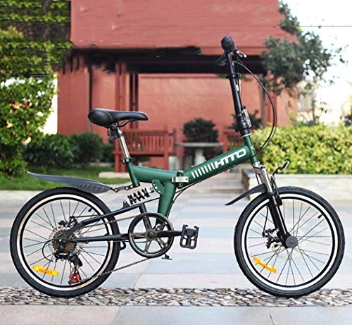Folding Bike : MJL Beach Snow Bicycle, Adults 20Inch Mountain Bike, Double Disc Brake Portable City Foldable 6 Speed Bikes, High-Carbon Steel Frame All-Terrain Suspension Bicycle, Green, Green