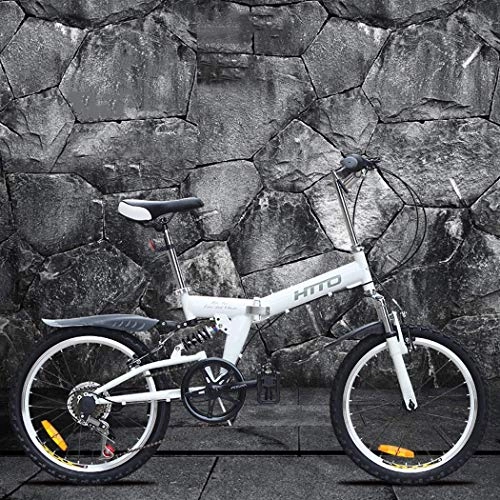Folding Bike : MJL Beach Snow Bicycle, Adults 6 Speed Foldable Mountain Bike, Double Disc Brake Portable City Bikes, High-Carbon Steel Frame All-Terrain Suspension Bicycle, Black, White