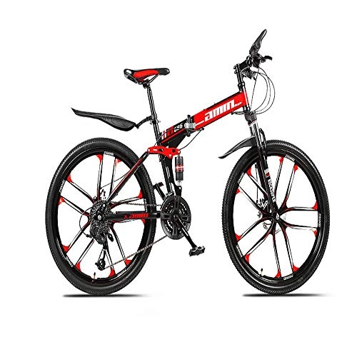 Folding Bike : MKIU Off-Road Folding Mountain Bike, 26-Inch 30-Speed Dual Shock-Absorbing Anti-Skid Integrated Wheels, Disc Brakes, Suitable for Outdoor Riding And Touring, Red, 27 speed