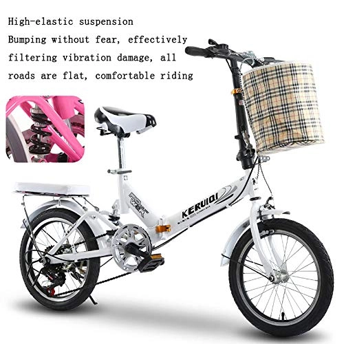 Folding Bike : MLL Variable Speed Folding Bicycle, 20 inch Shock Absorber Bicycle, Double Folding Carbon Steel Shock Absorber Bicycle, White, 20 Inches