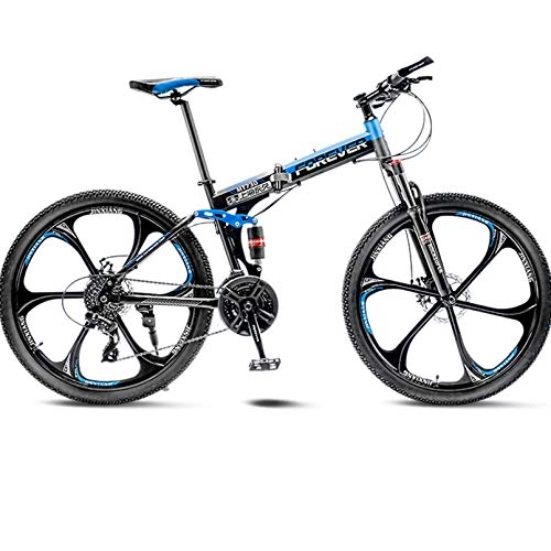 Folding Bike : Mountain Bike 24 / 26 Inch - 27 Speed Folding Outroad Bicycles, Full Suspension MTB, High-Carbon Steel Road Bike Adult Men And Women, Black Blue, 26 Inch