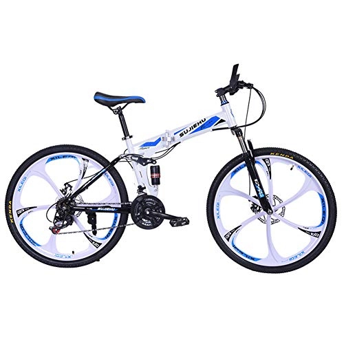 Folding Bike : Mountain Bike, 26" Full Suspension Double Disc Brake Bicycle 24 Speed High Carbon Steel Frame Double Shock Absorption Male And Female Students Off Road Bicycle, White
