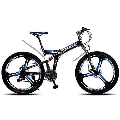 Folding Bike : Mountain Bike 26 Inch 21 / 24 / 27 / 30 Speed 3 Knife Folding Double Disc Brake Bicycle 2019 New Suitable for Adults-Black Blue_24 Speed